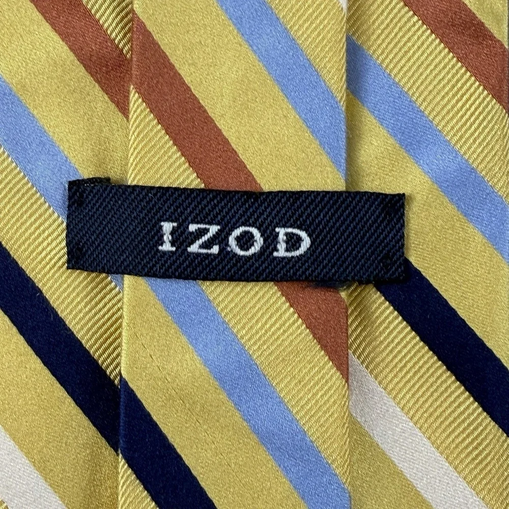 Vintage IZOD Silk Striped Necktie Yellow Blue Brown White Korea 58x3.75